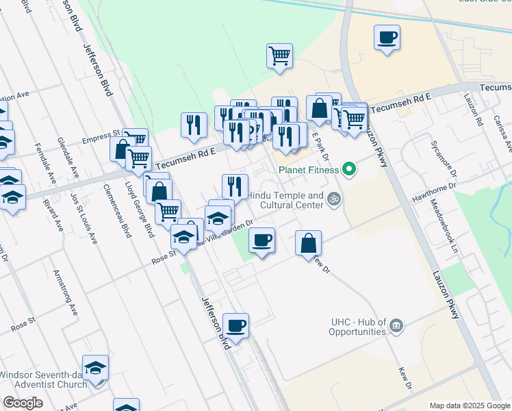 map of restaurants, bars, coffee shops, grocery stores, and more near 6682 Thornberry Crescent in Windsor