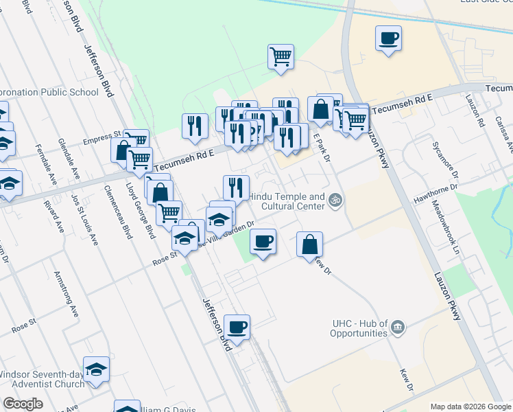 map of restaurants, bars, coffee shops, grocery stores, and more near 6600 Thornberry Crescent in Windsor