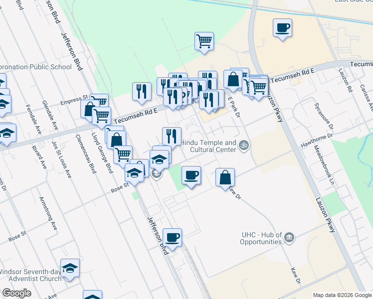 map of restaurants, bars, coffee shops, grocery stores, and more near 6594 Thornberry Crescent in Windsor