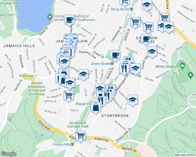 map of restaurants, bars, coffee shops, grocery stores, and more near 28 Newbern Street in Boston