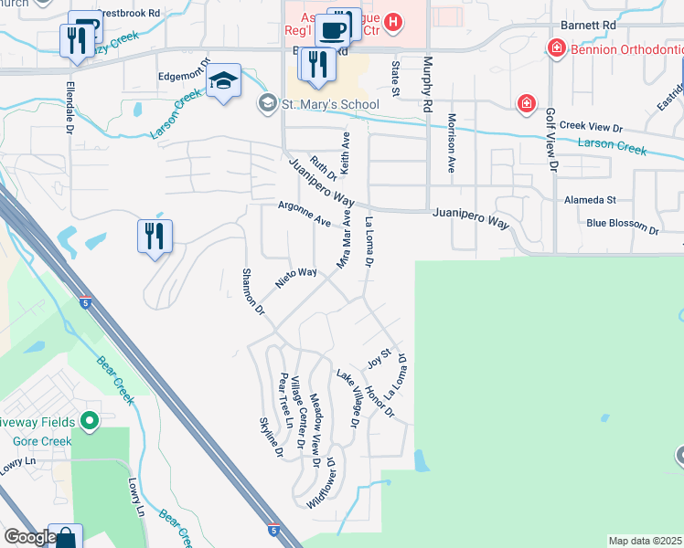 map of restaurants, bars, coffee shops, grocery stores, and more near 1040 Mira Mar Avenue in Medford