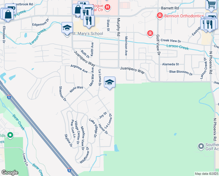map of restaurants, bars, coffee shops, grocery stores, and more near 1011 La Loma Drive in Medford