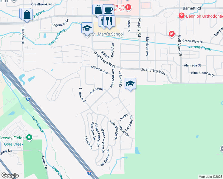 map of restaurants, bars, coffee shops, grocery stores, and more near 1040 Mira Mar Avenue in Medford