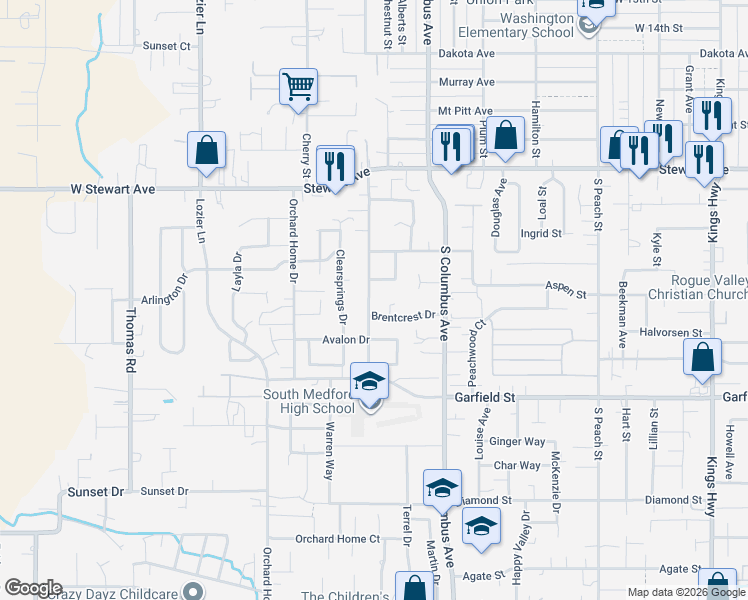 map of restaurants, bars, coffee shops, grocery stores, and more near 1457 Dixie Lane in Medford