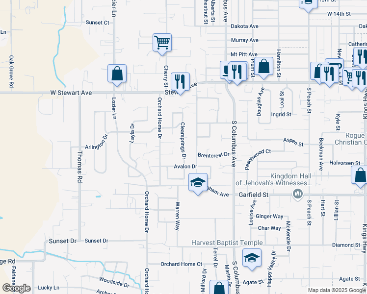map of restaurants, bars, coffee shops, grocery stores, and more near 1387 Clearsprings Drive in Medford