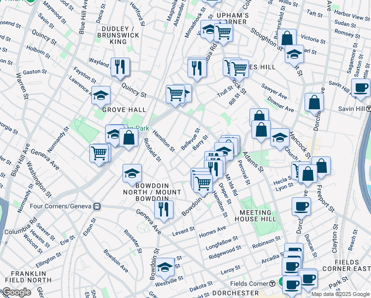 map of restaurants, bars, coffee shops, grocery stores, and more near 56 Bellevue Street in Boston