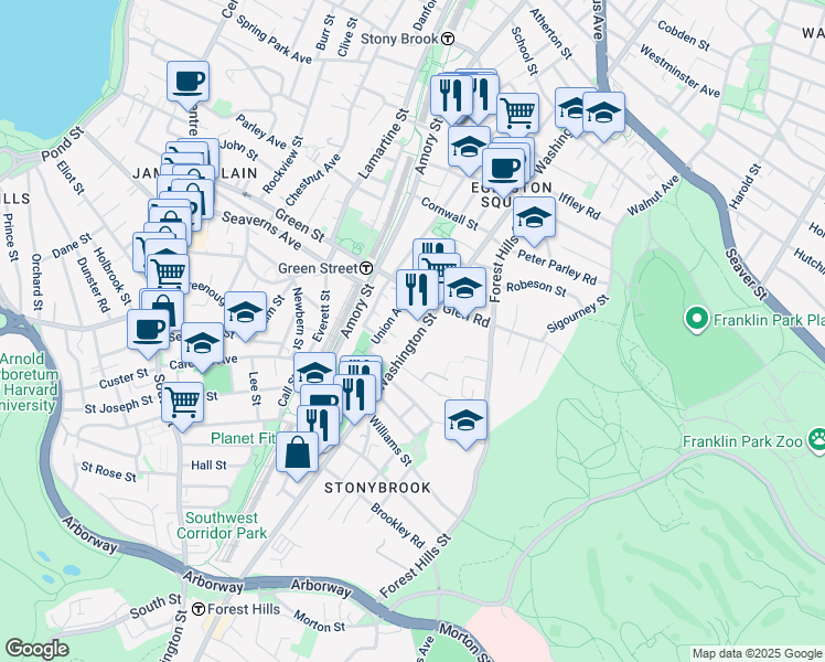 map of restaurants, bars, coffee shops, grocery stores, and more near 22A Union Avenue in Boston