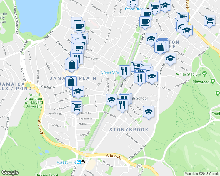 map of restaurants, bars, coffee shops, grocery stores, and more near 32 Everett Street in Boston
