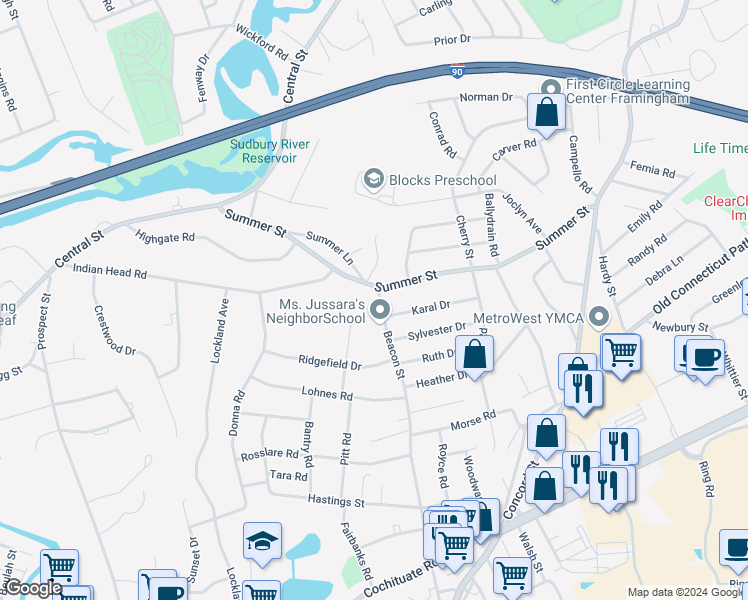 map of restaurants, bars, coffee shops, grocery stores, and more near 222 Summer Street in Framingham