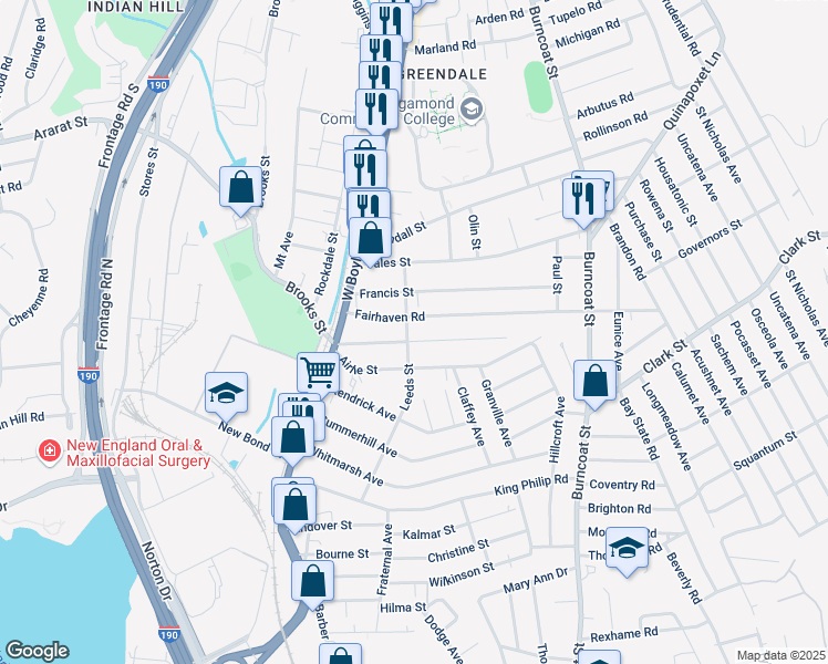 map of restaurants, bars, coffee shops, grocery stores, and more near 40 Fairhaven Road in Worcester
