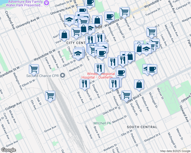 map of restaurants, bars, coffee shops, grocery stores, and more near 970 Victoria Avenue in Windsor
