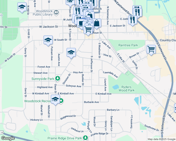 map of restaurants, bars, coffee shops, grocery stores, and more near 603 Bunker Street in Woodstock