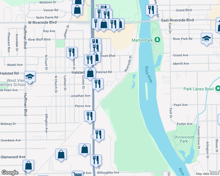 map of restaurants, bars, coffee shops, grocery stores, and more near 3346 Sun Valley Terrace in Rockford