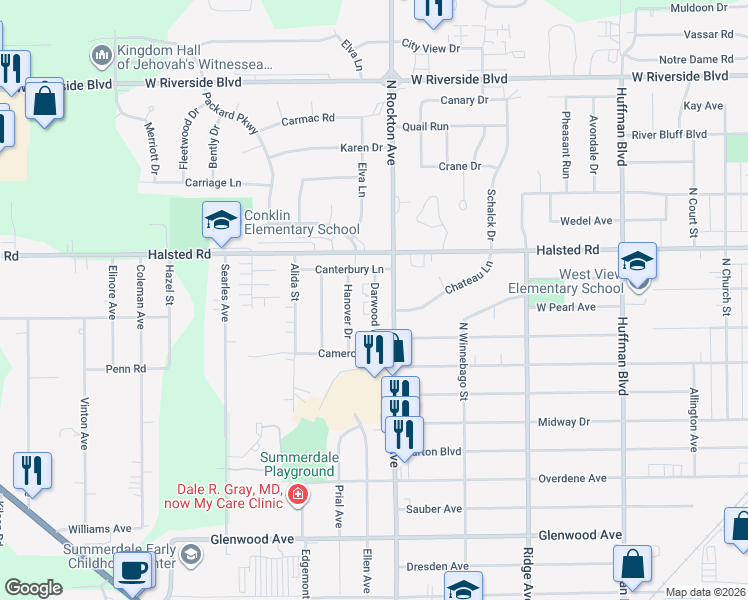 map of restaurants, bars, coffee shops, grocery stores, and more near 3315 Darwood Drive in Rockford