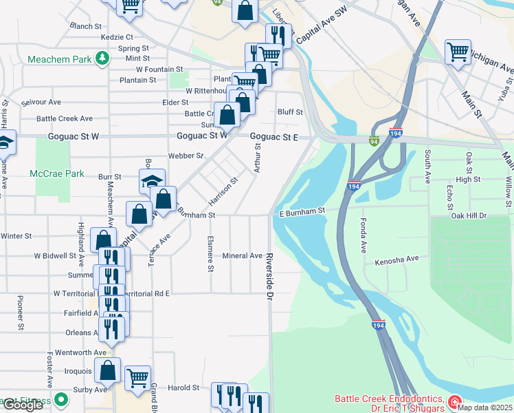 map of restaurants, bars, coffee shops, grocery stores, and more near 91 Arthur Street in Battle Creek