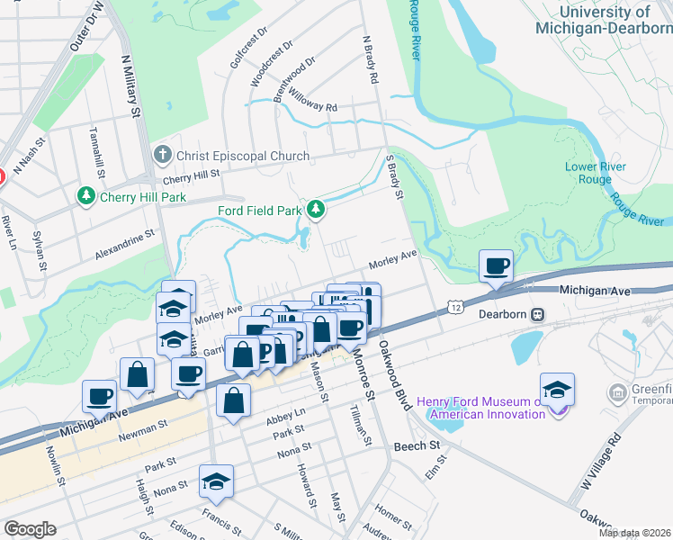 map of restaurants, bars, coffee shops, grocery stores, and more near 500 Monroe Street in Dearborn