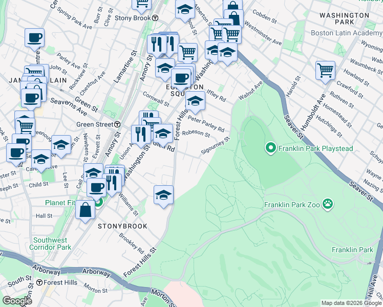 map of restaurants, bars, coffee shops, grocery stores, and more near 58 Glen Road in Boston