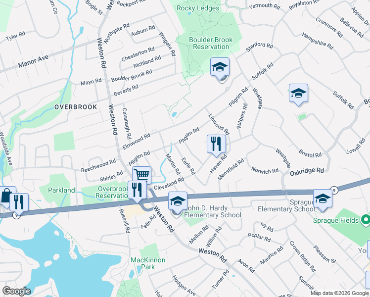 map of restaurants, bars, coffee shops, grocery stores, and more near 7 Massasoit Road in Wellesley