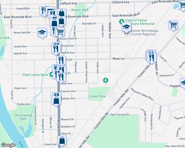 map of restaurants, bars, coffee shops, grocery stores, and more near 714 Lawn Drive in Loves Park