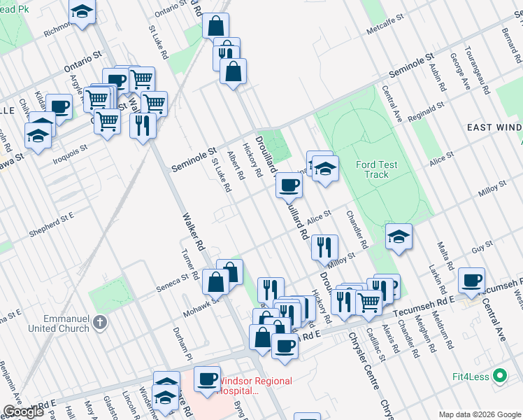 map of restaurants, bars, coffee shops, grocery stores, and more near in Windsor
