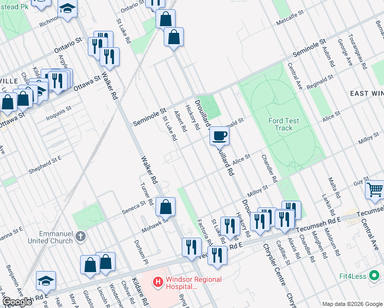 map of restaurants, bars, coffee shops, grocery stores, and more near 1586 Saint Luke Road in Windsor