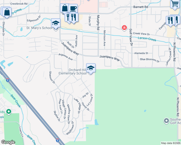 map of restaurants, bars, coffee shops, grocery stores, and more near 1011 La Loma Drive in Medford