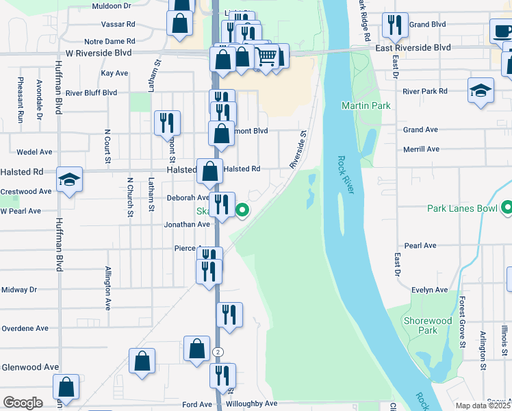 map of restaurants, bars, coffee shops, grocery stores, and more near 3335 Sun Valley Terrace in Rockford