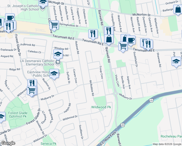 map of restaurants, bars, coffee shops, grocery stores, and more near 11225 Urban Lane in Windsor