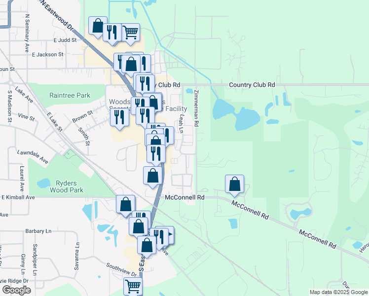 map of restaurants, bars, coffee shops, grocery stores, and more near 531 Leah Lane in Woodstock