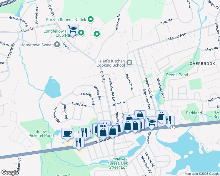 map of restaurants, bars, coffee shops, grocery stores, and more near 61 Wellesley Road Extension in Natick