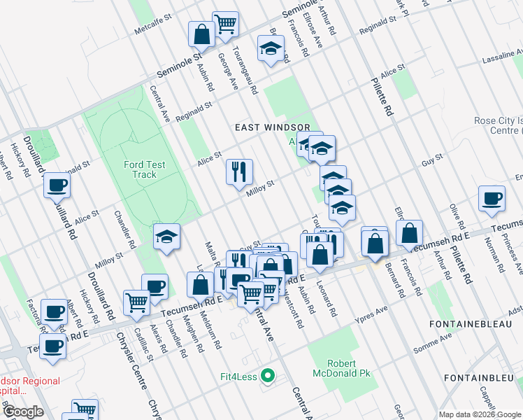 map of restaurants, bars, coffee shops, grocery stores, and more near 1819 Aubin Road in Windsor