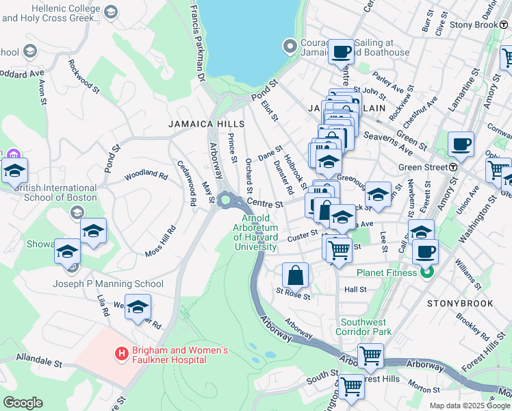 map of restaurants, bars, coffee shops, grocery stores, and more near 869 Centre Street in Boston