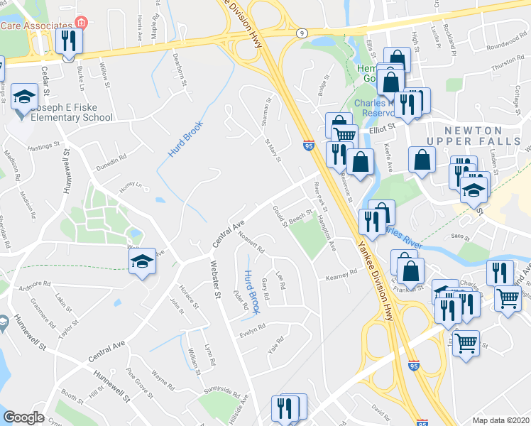 map of restaurants, bars, coffee shops, grocery stores, and more near 170 Central Avenue in Needham