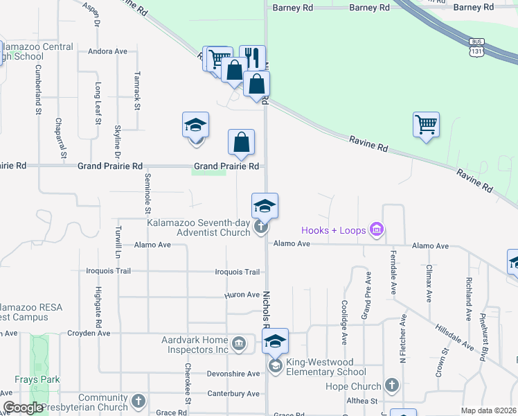 map of restaurants, bars, coffee shops, grocery stores, and more near 1801 Nichols Road in Kalamazoo