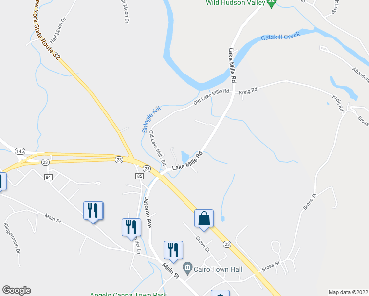 map of restaurants, bars, coffee shops, grocery stores, and more near 53 Lake Mills Road in Cairo