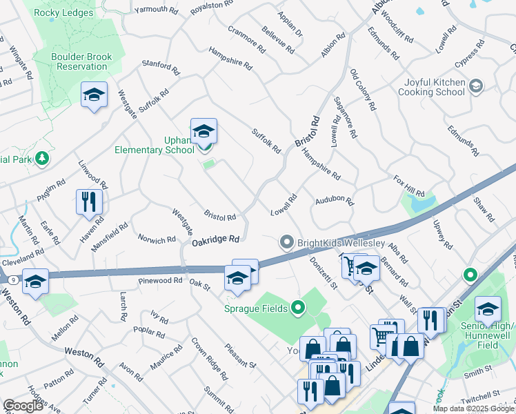 map of restaurants, bars, coffee shops, grocery stores, and more near 150 Bristol Road in Wellesley