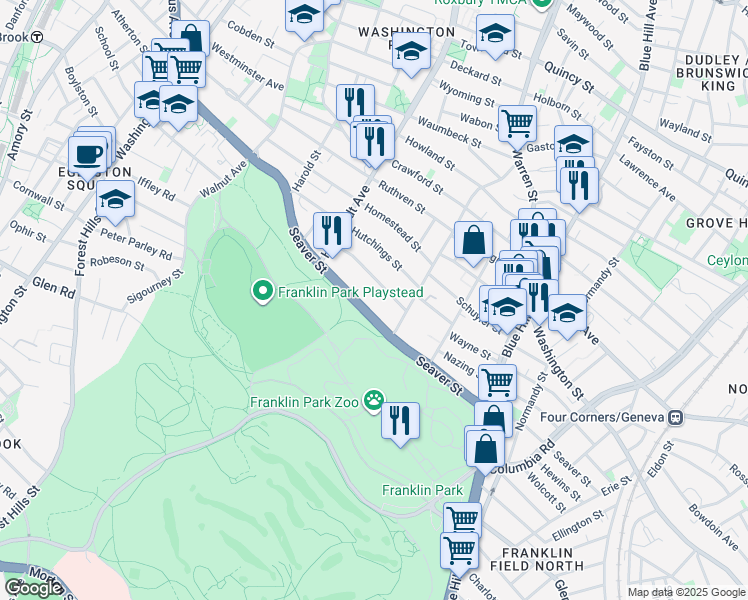 map of restaurants, bars, coffee shops, grocery stores, and more near 168 Seaver Street in Boston