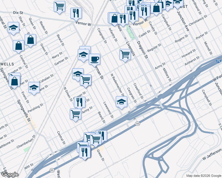 map of restaurants, bars, coffee shops, grocery stores, and more near 1221 North Rademacher Street in Detroit