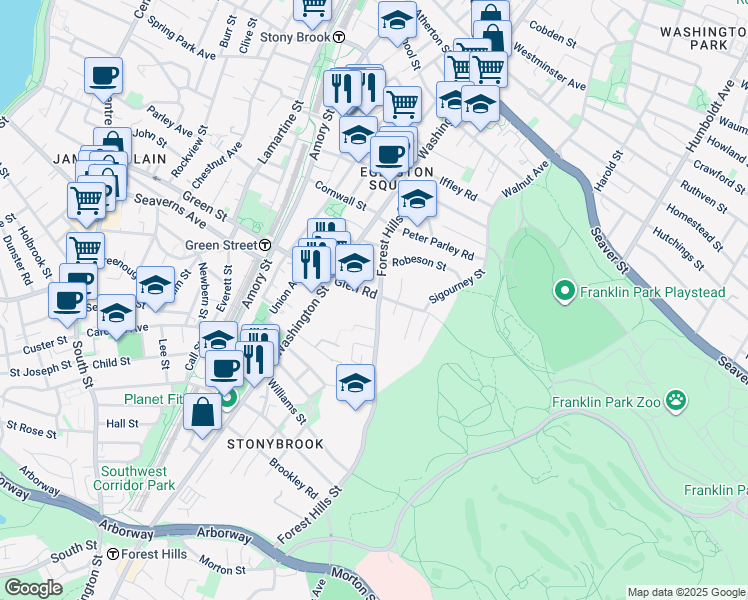 map of restaurants, bars, coffee shops, grocery stores, and more near 35 Glen Road in Boston
