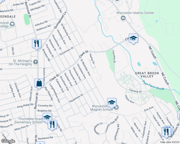 map of restaurants, bars, coffee shops, grocery stores, and more near 211 Saint Nicholas Avenue in Worcester