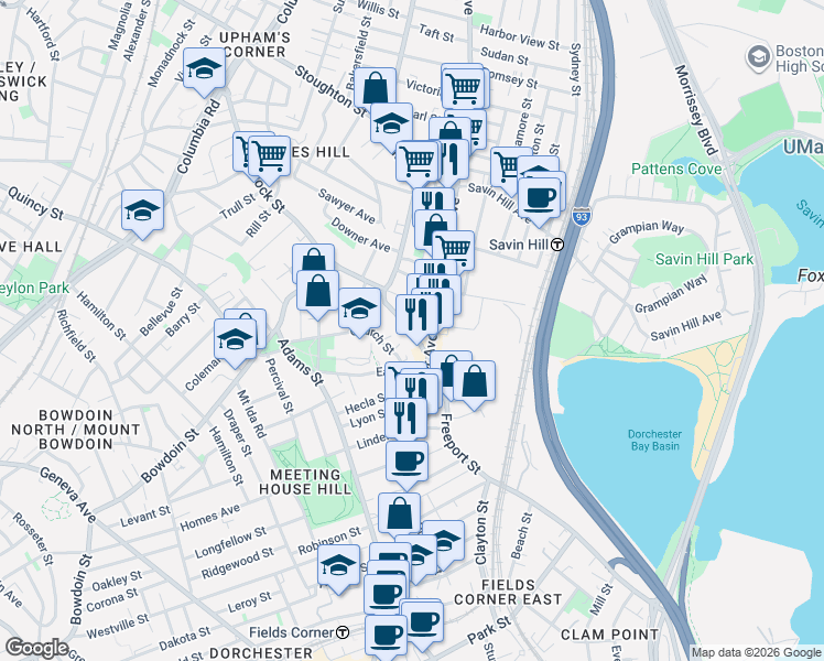 map of restaurants, bars, coffee shops, grocery stores, and more near 259 Hancock Street in Boston