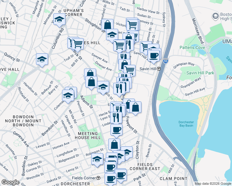 map of restaurants, bars, coffee shops, grocery stores, and more near 259 Hancock Street in Boston