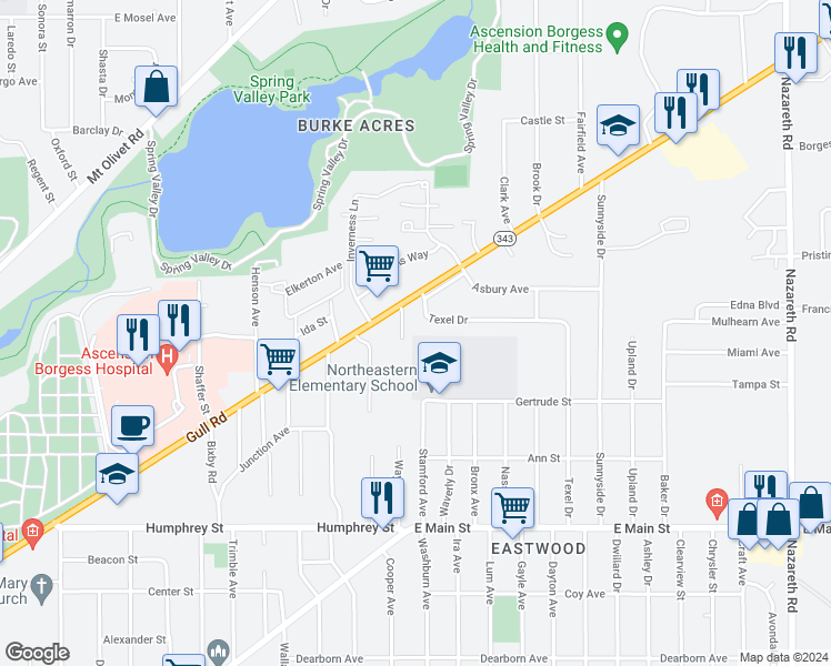 map of restaurants, bars, coffee shops, grocery stores, and more near 2424 Texel Drive in Kalamazoo