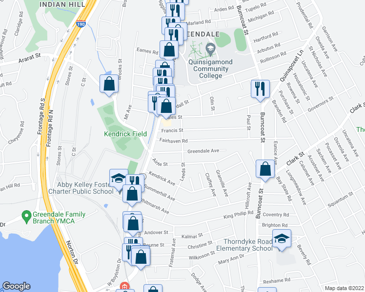 map of restaurants, bars, coffee shops, grocery stores, and more near 112 Leeds Street in Worcester