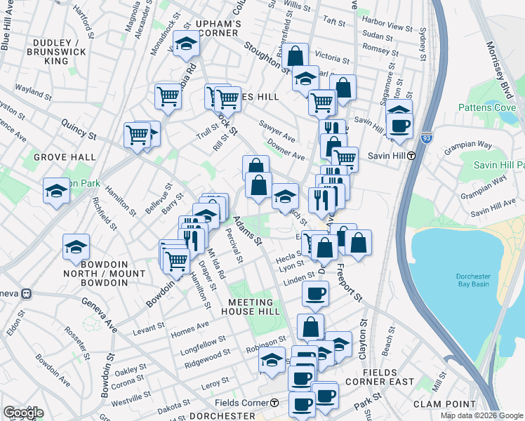 map of restaurants, bars, coffee shops, grocery stores, and more near 28 Church Street in Boston