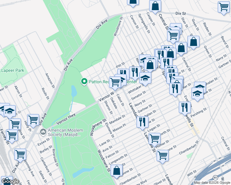 map of restaurants, bars, coffee shops, grocery stores, and more near 8765 W Vernor Hwy in Detroit