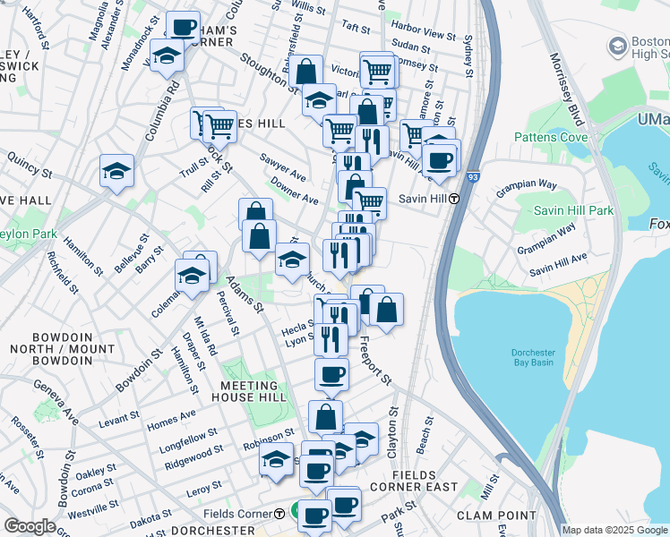 map of restaurants, bars, coffee shops, grocery stores, and more near 259 Hancock Street in Boston
