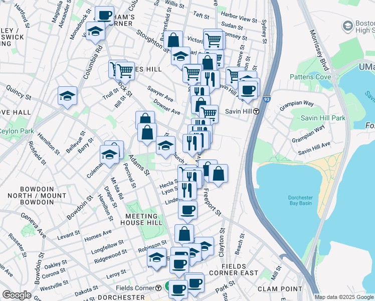 map of restaurants, bars, coffee shops, grocery stores, and more near 259 Hancock Street in Boston