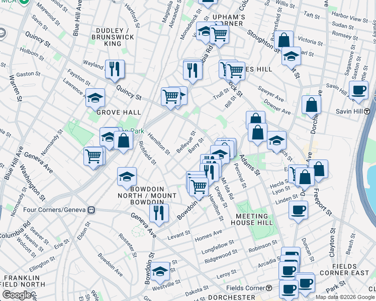 map of restaurants, bars, coffee shops, grocery stores, and more near 56 Bellevue Street in Boston