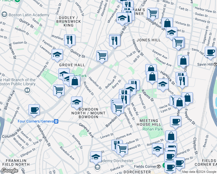 map of restaurants, bars, coffee shops, grocery stores, and more near 56 Bellevue Street in Boston